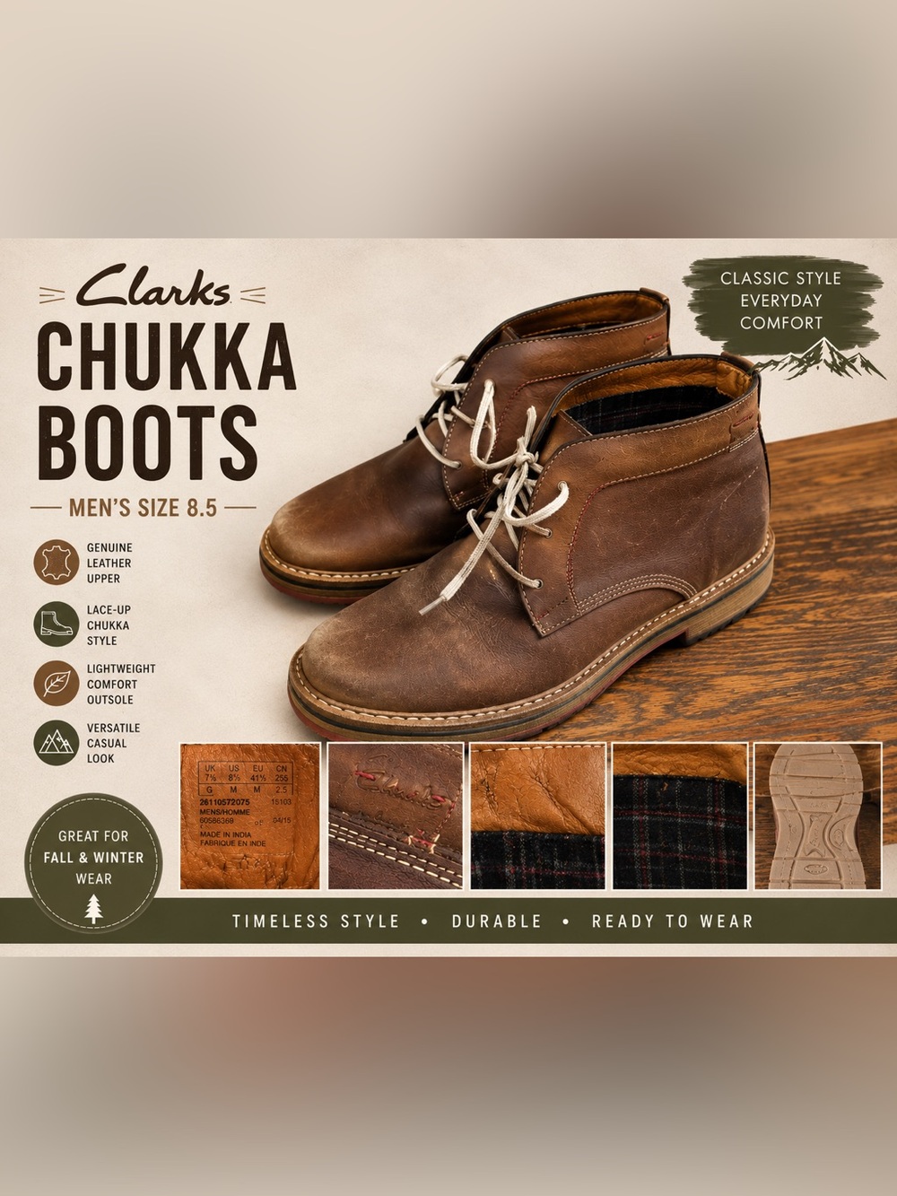 Clarks Men’s Brown Leather Chukka Boots Size 8.5 Desert Lace Up Boots